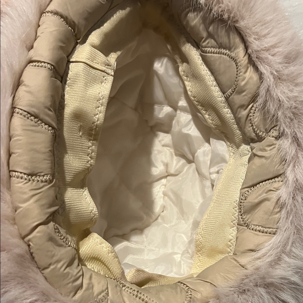 Quilted Beige Women's Hat with Faux Fur Trim - Picture 2 of 4
